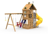 Legacy Gold Playset with Spiral tube slide, climbing steps and swings.