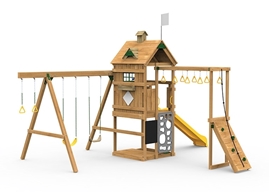 The Contender Bronze Play Set includes the Contender kit, Scoop Slide, Vertical Climber, Decorative Kit, Rigid Swing Seat, and Swing Hangers from swing side
