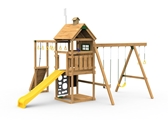 The Contender Bronze Play Set includes the Contender kit, Scoop Slide, Vertical Climber, Decorative Kit, Rigid Swing Seat, and Swing Hangers from slide side
