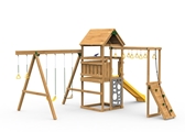 The Contender Starter Play Set includes the Contender kit, Scoop Slide, Vertical Climber, Rigid Swing Seat, and Swing Hangers from swing side