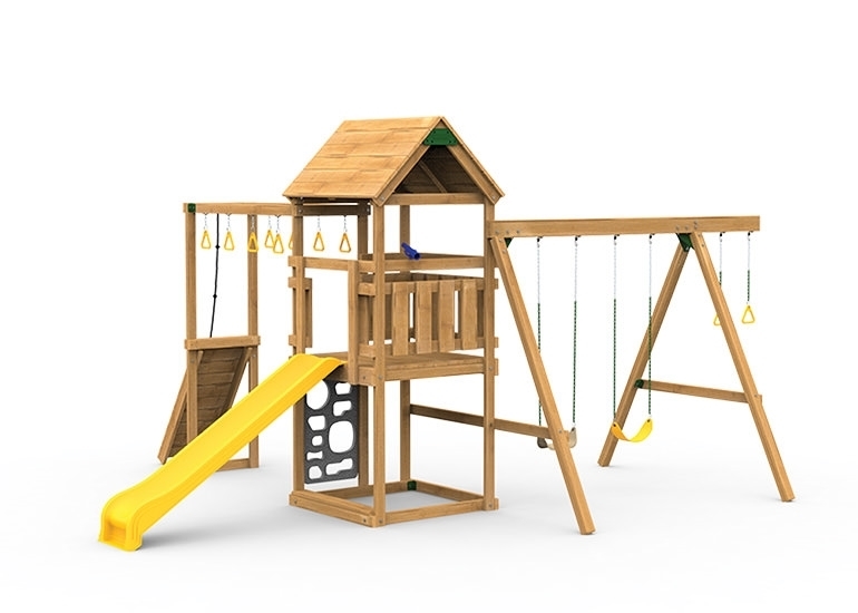 The Contender Starter Play Set includes the Contender kit, Scoop Slide, Vertical Climber, Rigid Swing Seat, and Swing Hangers from slide side