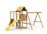 The Contender Starter Play Set includes the Contender kit, Scoop Slide, Vertical Climber, Rigid Swing Seat, and Swing Hangers from slide side