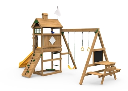 The Play Maker play set features Pre-Assembled Sections that you can Easily Set Up In Under 4 Hours!  It also includes Scoop Slide, Rock Wall, Rope, Activity Table, Magnetic Chalkboard, Sand Box Seat, Telescope, Gym Rings, Climbing Bars and Swing Seat.  Personalize your Play Maker with the Plaque & Flag by creating your own Custom Theme from swing side