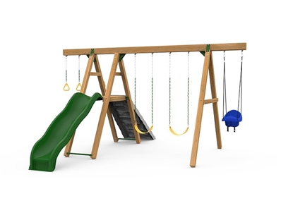 The Mesa Gold Swing Set includes the Mesa Kit, Scoop Wave Slide, Climbing Wall, 2 Swings, Gym Rings, Toddler Swing and Play Handles from slide side.