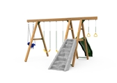 The Mesa Gold Swing Set includes the Mesa Kit, Scoop Wave Slide, Climbing Wall, 2 Swings, Gym Rings, Toddler Swing and Play Handles from climbing wall side