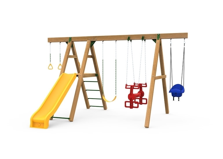 The Mesa Silver Swing Set includes the Mesa kit, Scoop Slide, Climbing Rungs, Air Rider, Swing, Gym Rings, Toddler Swing and Play Handles from slide side
