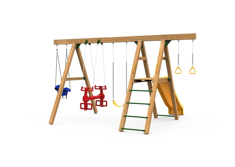 The Mesa Silver Swing Set includes the Mesa kit, Scoop Slide, Climbing Rungs, Air Rider, Swing, Gym Rings, Toddler Swing and Play Handles from stairs side.