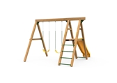 The Mesa Bronze Swing Set includes the Mesa kit, Scoop Slide, Climbing Rungs, 2 Swings and Play Handles from stairs side