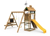 The Play Maker play set features Pre-Assembled Sections that you can Easily Set Up In Under 4 Hours!  It also includes Scoop Slide, Rock Wall, Rope, Activity Table, Magnetic Chalkboard, Sand Box Seat, Telescope, Gym Rings, Climbing Bars and Swing Seat.  Personalize your Play Maker with the Plaque & Flag by creating your own Custom Theme from slide side