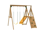 The Sonoma Swing Set includes the Sonoma kit, 2 swings, Play deck, Slide, Play Handles from rock wall side.