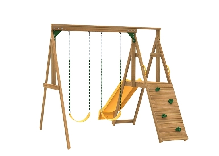 The Sonoma Swing Set includes the Sonoma kit, 2 swings, Play deck, Slide, Play Handles from rock wall side.
