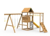 The Contender Starter Play Set includes the Contender kit, Scoop Slide, Vertical Climber, Rigid Swing Seat, and Swing Hangers from swing side