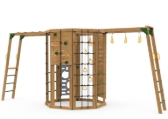 The Cliffhanger Silver Play Set includes the Cliffhanger kit, Cargo Net, 2 sets Climbing Rungs, Climbing Rope, Rocks, Hanging Rings on Chains, Monkey Rings, 2 Vertical Climbers, and added Climbing Bars & Monkey Rings from hanging rings.