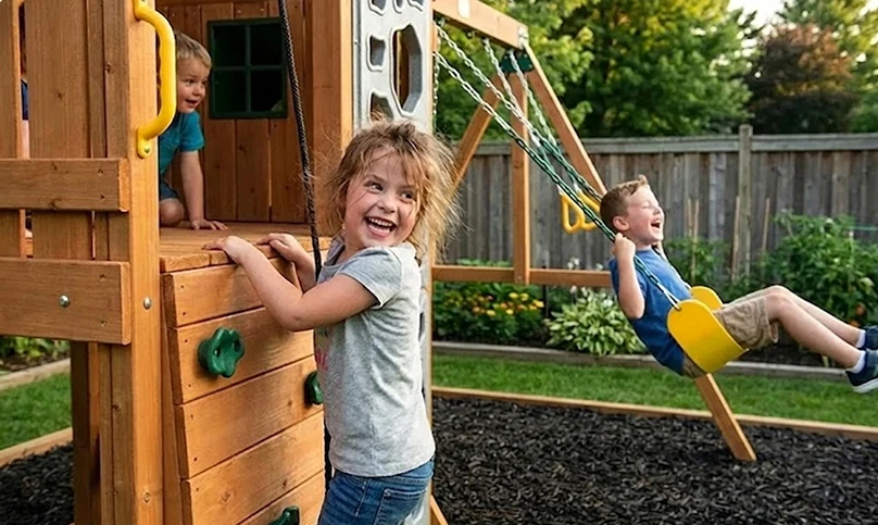 Kids playing on backyard playset