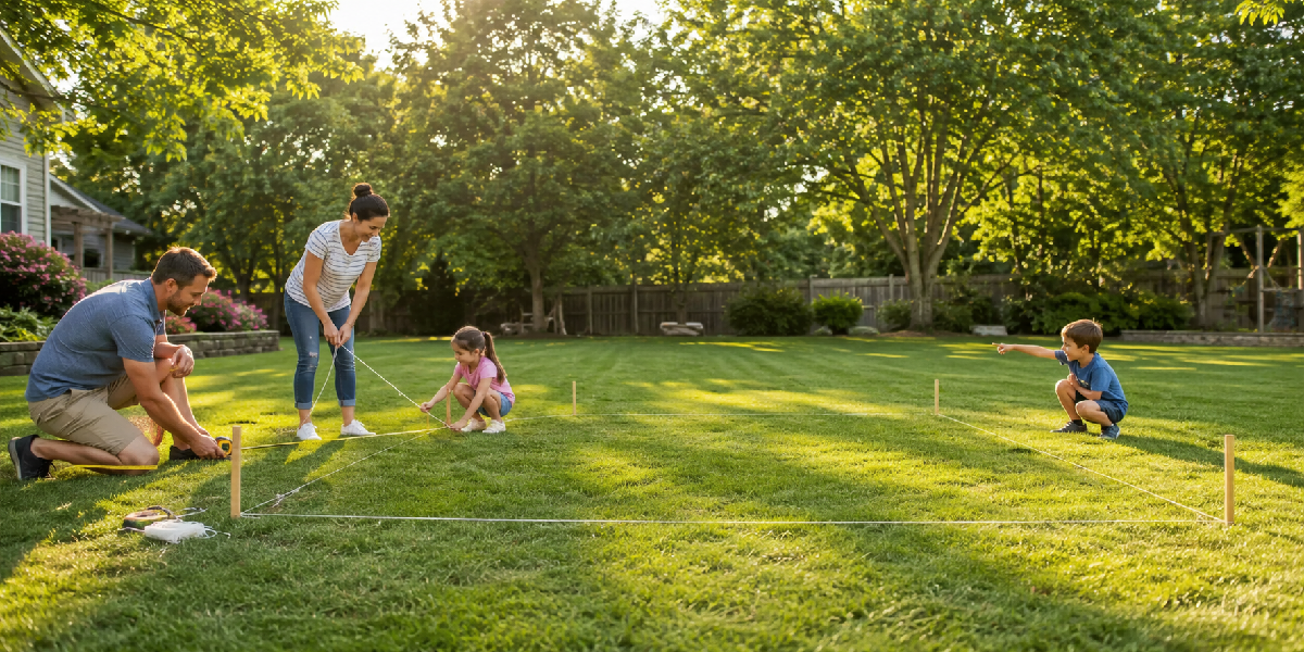 Family measuring and marking a backyard area before installing a playset