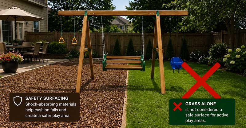 Illustration of safety surfacing dos and don'ts for backyard playsets