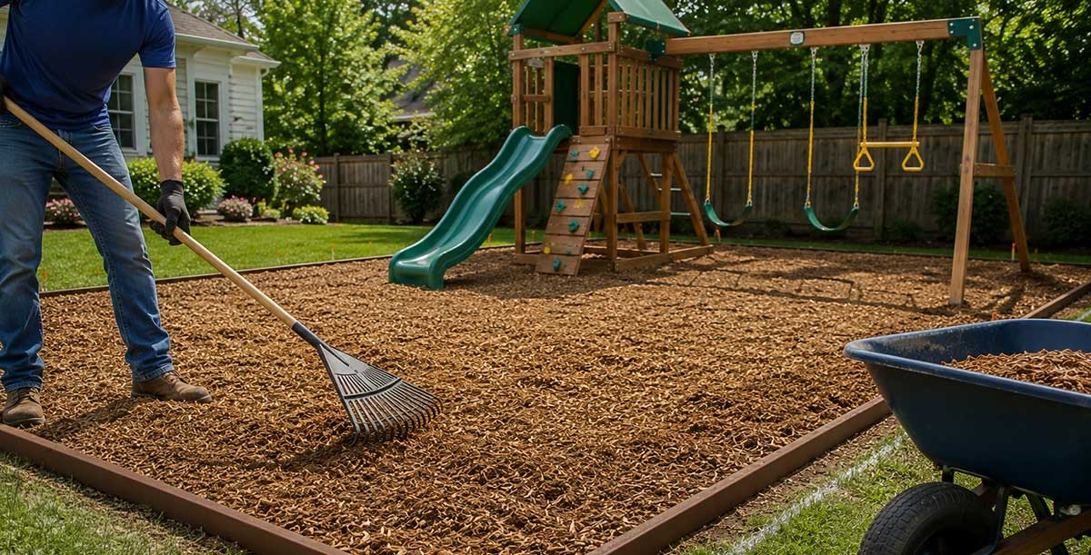 Installing safety surfacing around a backyard playset Wood mulch safety surfacing being installed around a backyard playset