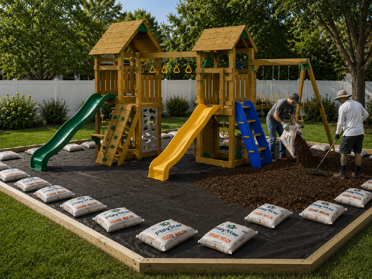 Mulch bags placed over landscape fabric during backyard playset safety surface installation