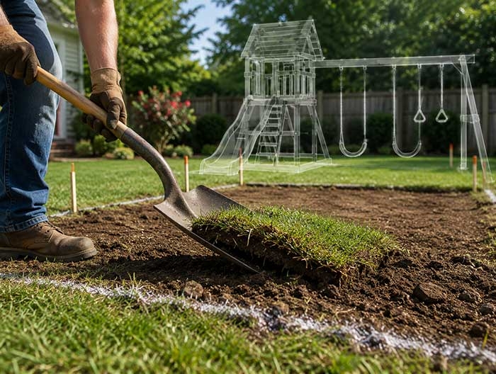 Clearing grass and sod before installing a backyard playset Homeowner removing grass and sod to prepare a backyard playset installation area