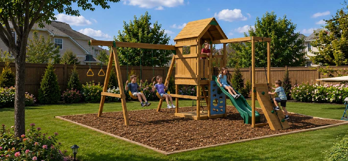 Backyard playground with proper safety surfacing around the play area