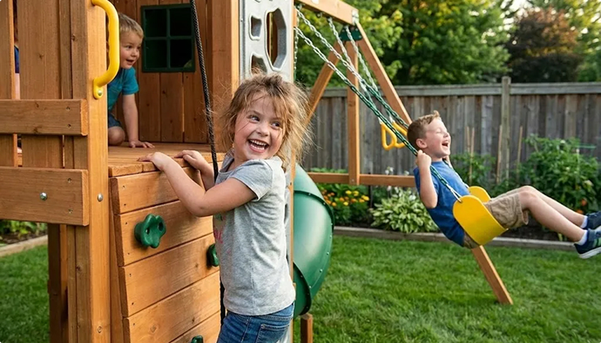 Kids playing on backyard playset