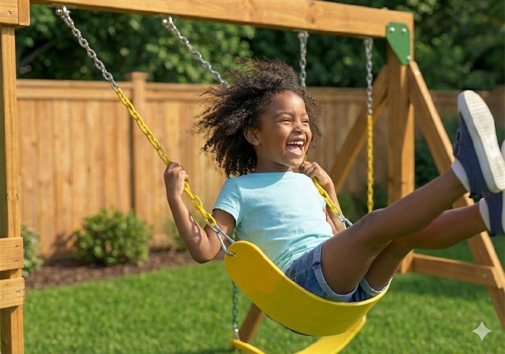 Kid playing on backyard playset swing